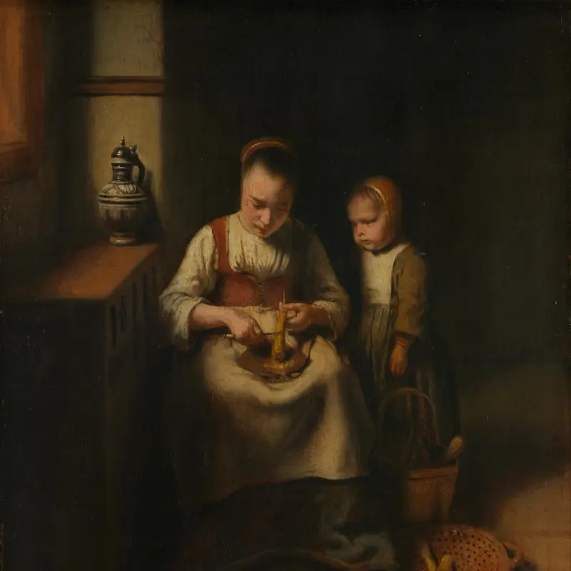A Woman scraping Parsnips, with a Child standing by her