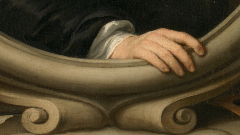 Detail of Bartolomé Esteban Murillo, 'Self Portrait', about 1670. Hand resting on a frame.