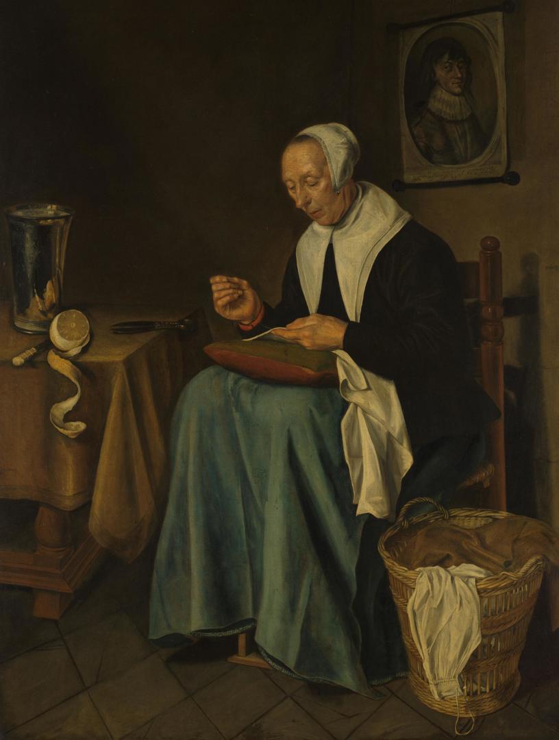 An Old Woman seated sewing by Johannes van der Aack