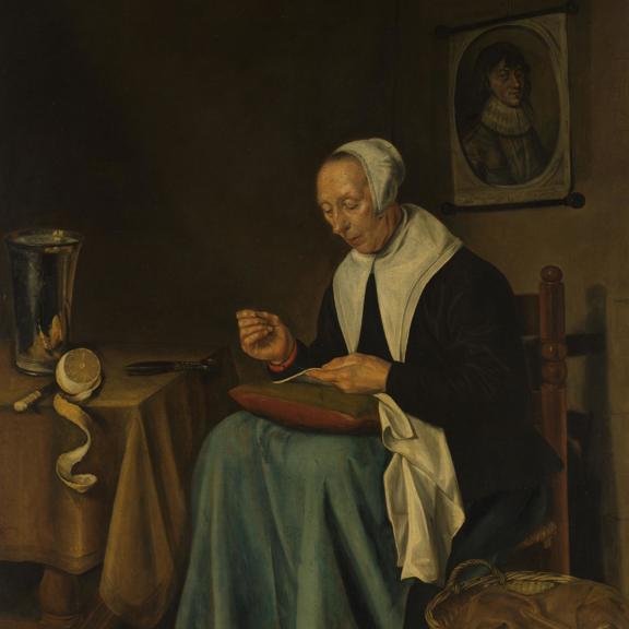 An Old Woman seated sewing