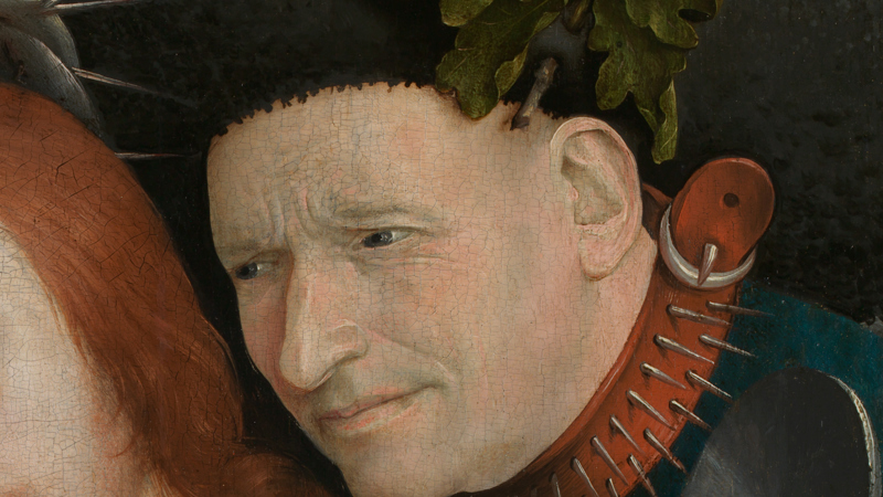 Detail of Hieronymus Bosch, 'Christ Mocked (The Crowning with Thorns)', about 1510. A man's head with oak leaves in his hat.