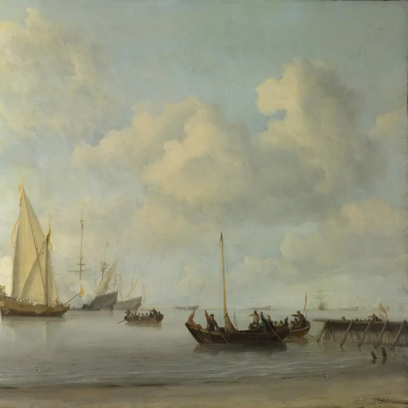 Boats pulling out to a Yacht in a Calm
