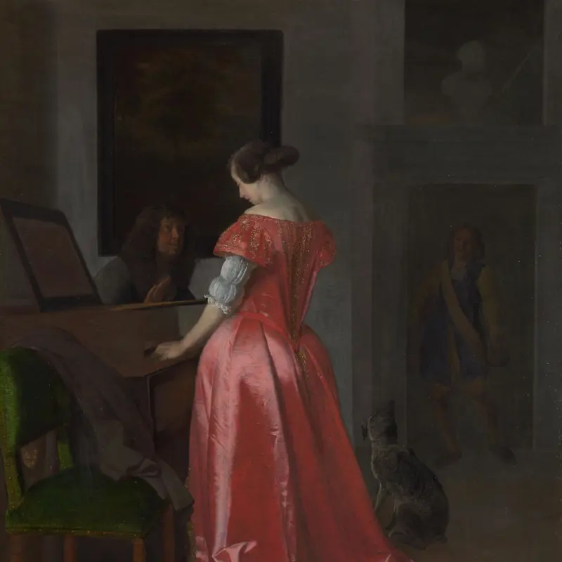 A Woman standing at a Harpsichord, a Man seated by her
