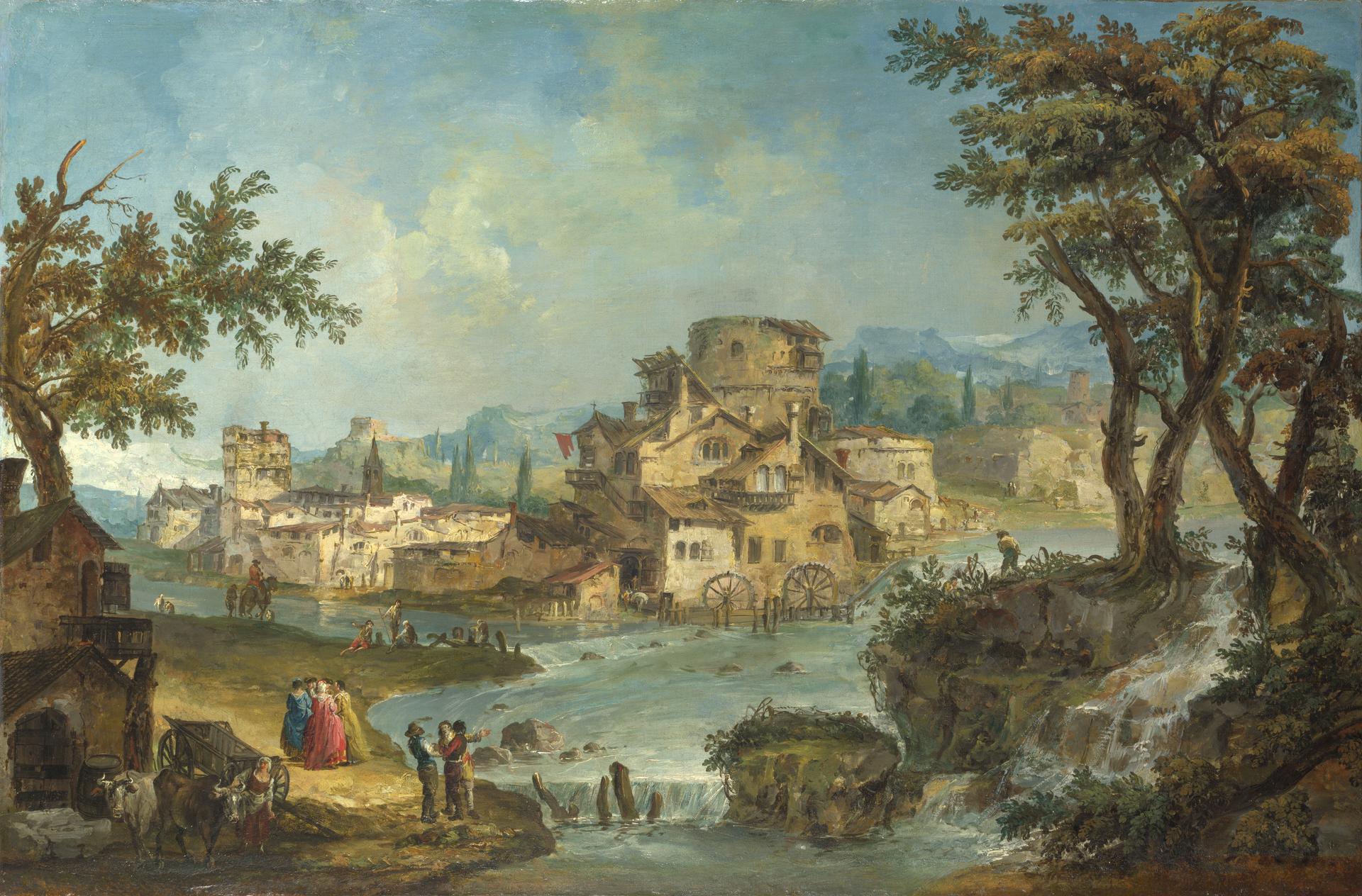 Buildings and Figures near a River with Rapids