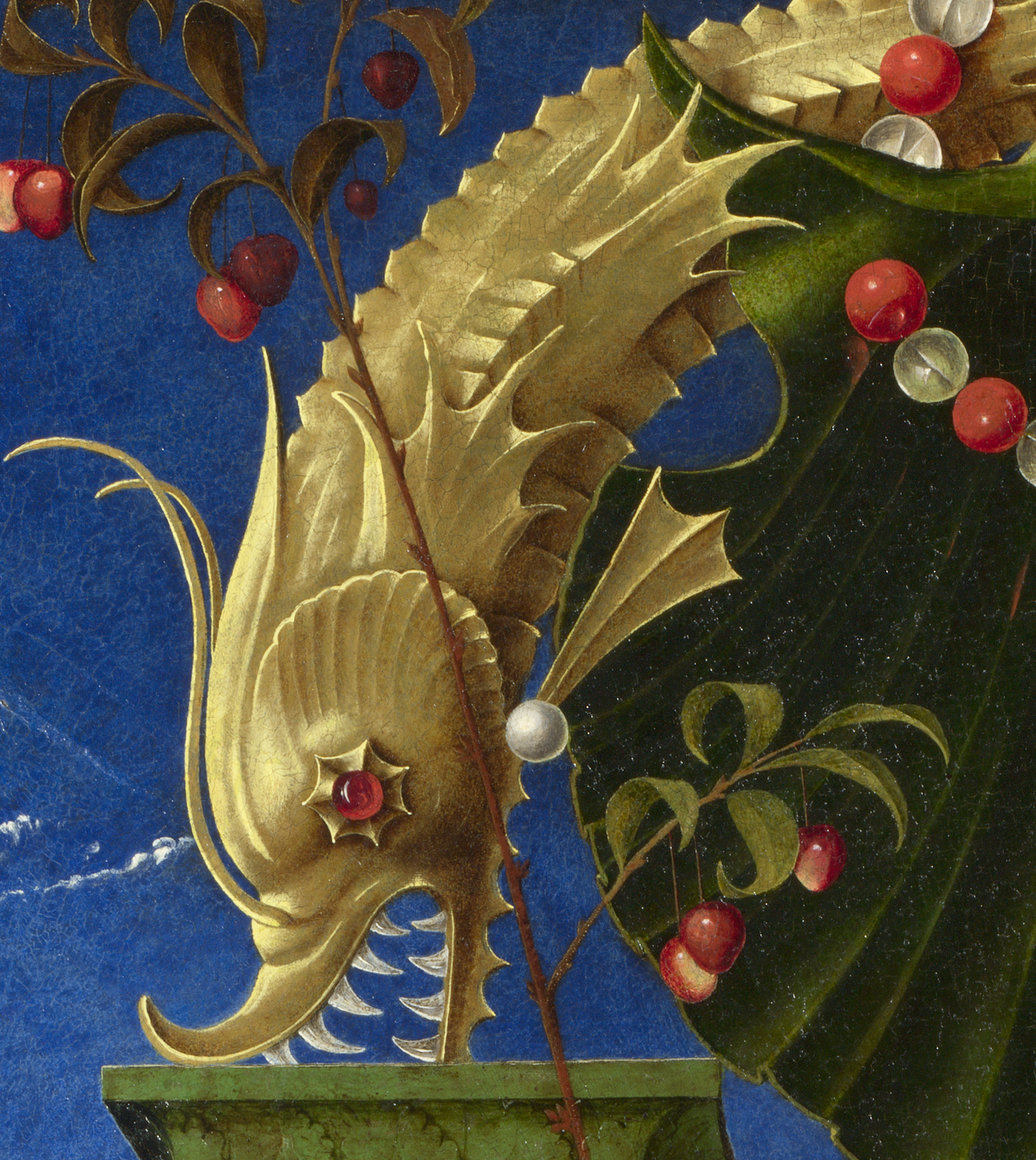  Detail of Cosimo Tura, 'A Muse (Calliope?)' (detail), probably 1455–60. A dolphin-like creature adorned with spikes and rubies for eyes.