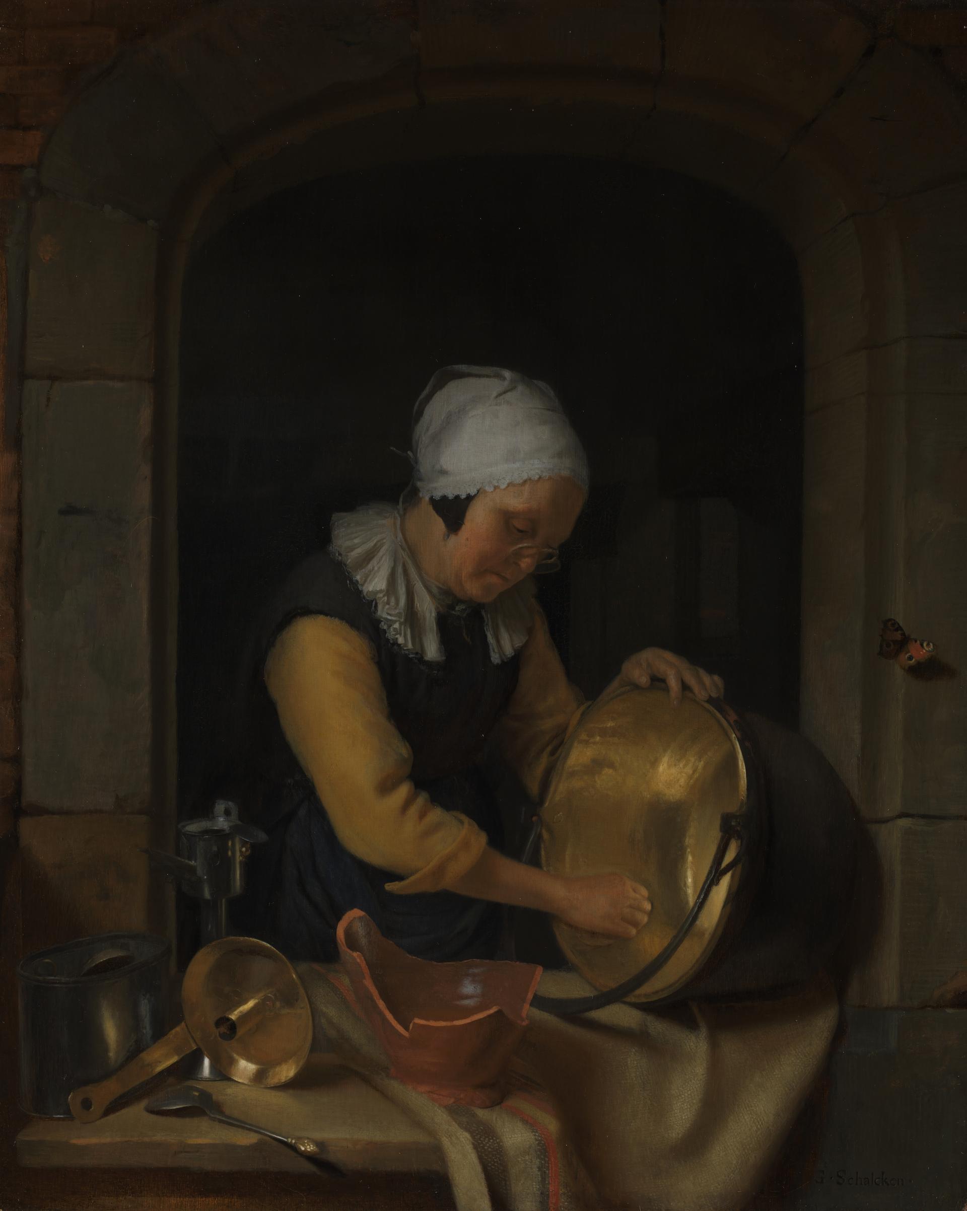 An Old Woman scouring a Pot