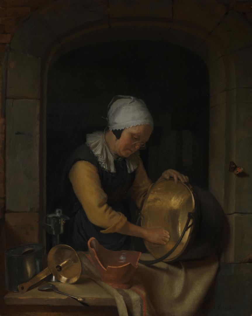An Old Woman scouring a Pot by Godfried Schalcken