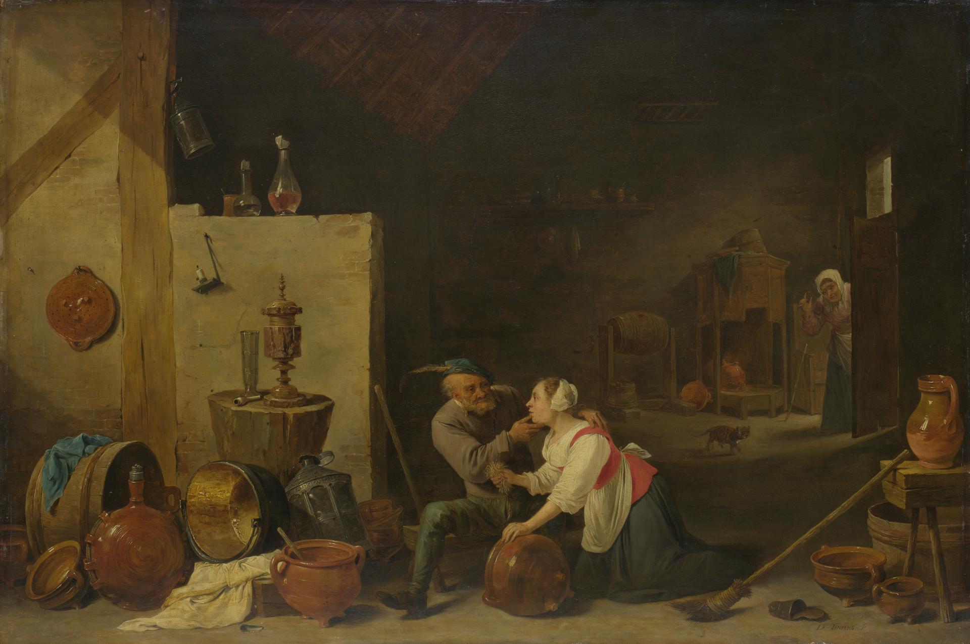An Old Peasant caresses a Kitchen Maid in a Stable