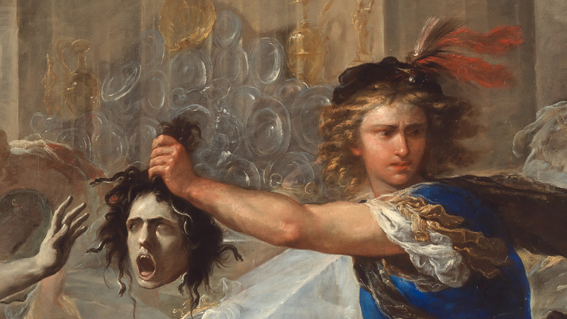 Detail of Luca Giordano, 'Perseus turning Phineas and his Followers to Stone', early 1680s. Perseus holding Medusa's head.