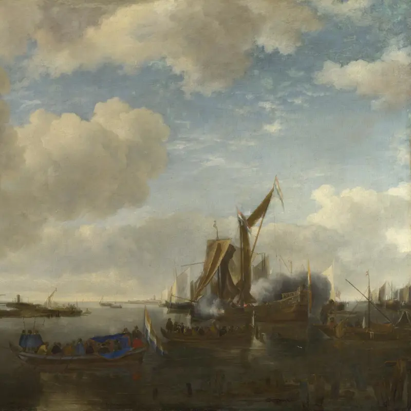 A River Scene with a Dutch Yacht firing a Salute