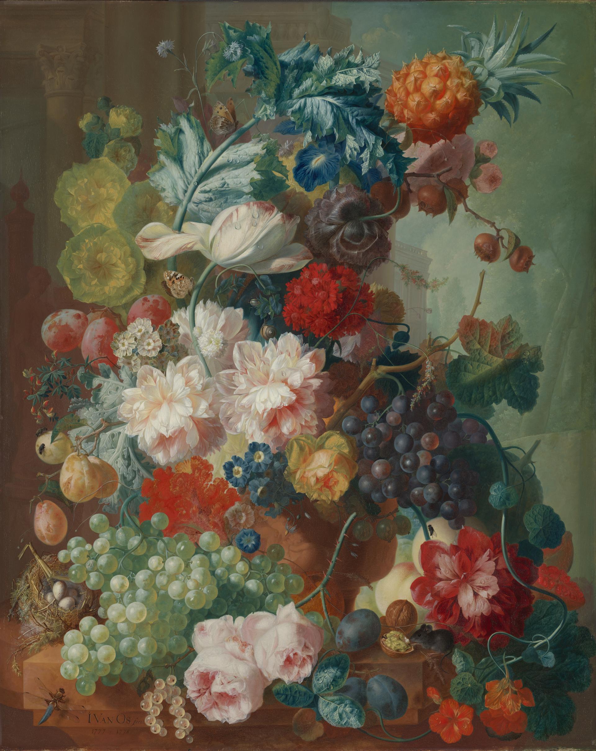 Fruit and Flowers in a Terracotta Vase