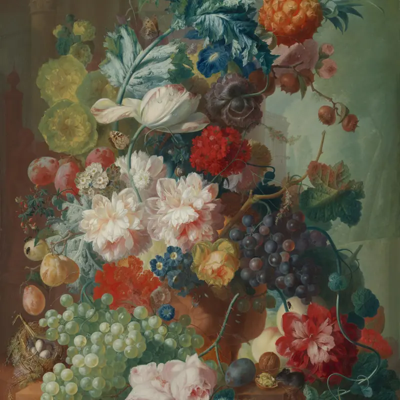 Fruit and Flowers in a Terracotta Vase