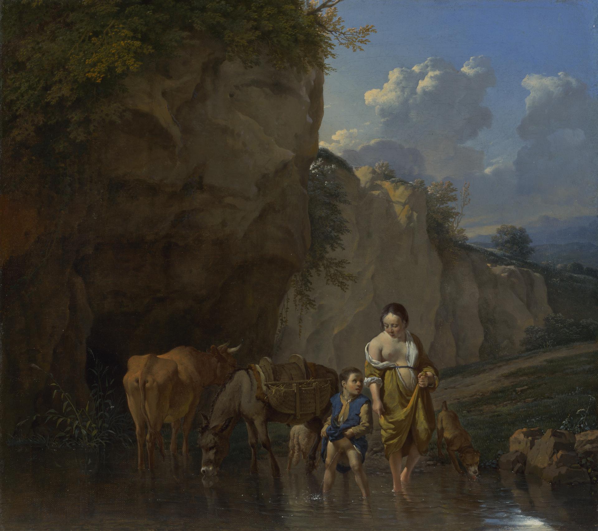 A Woman and a Boy with Animals at a Ford