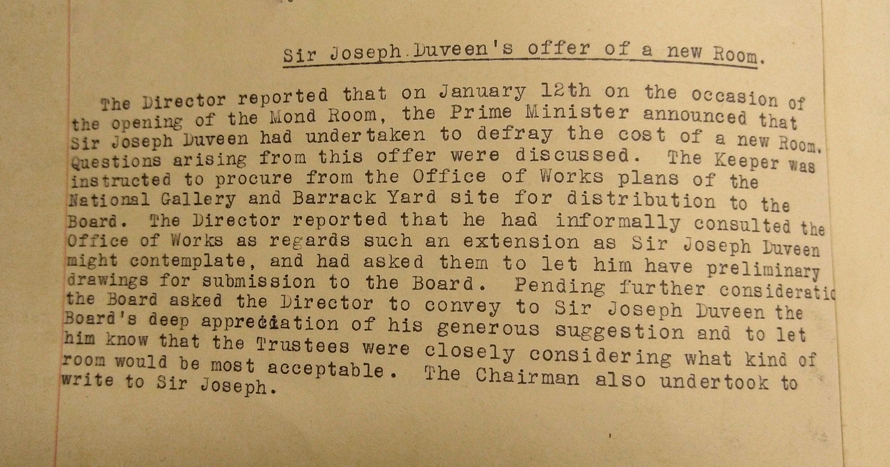 Board minutes from early 1928, where Sir Charles Holmes reported the proposed gift by Duveen of Room 29.