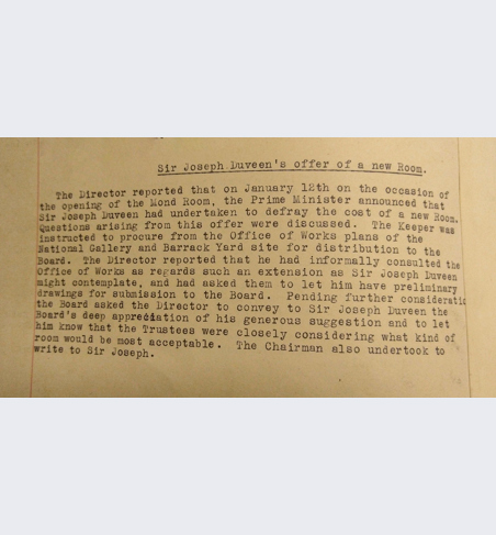 Board minutes from early 1928, where Sir Charles Holmes reported the proposed gift by Duveen of Room 29.