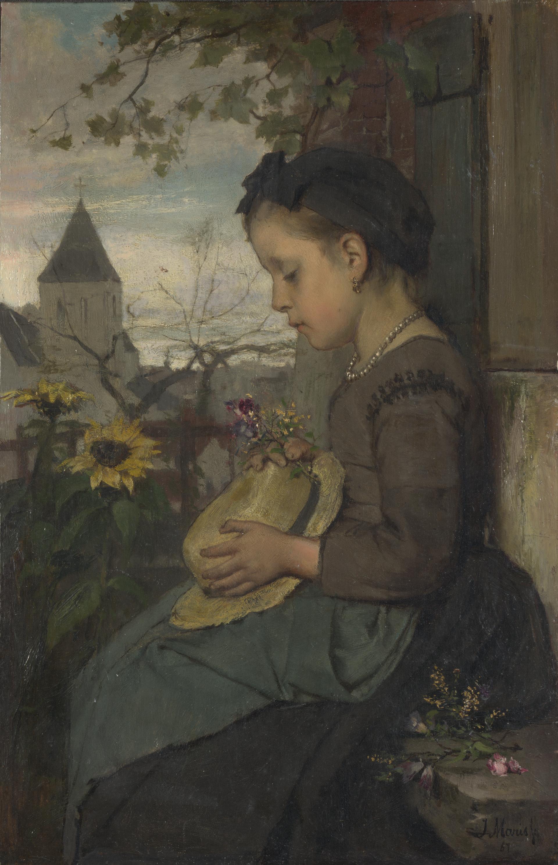 A Girl seated outside a House