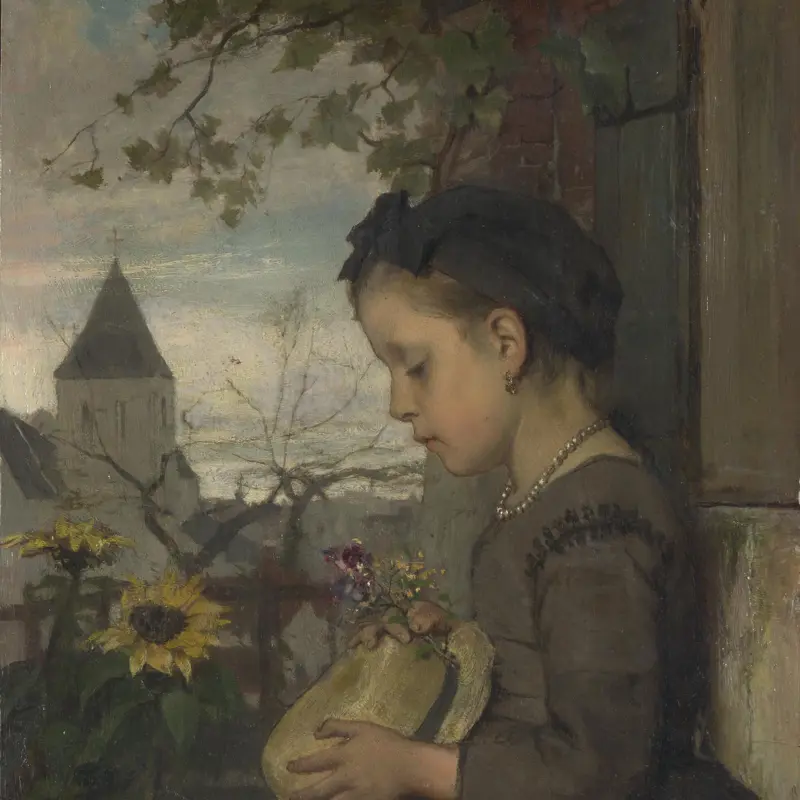 A Girl seated outside a House