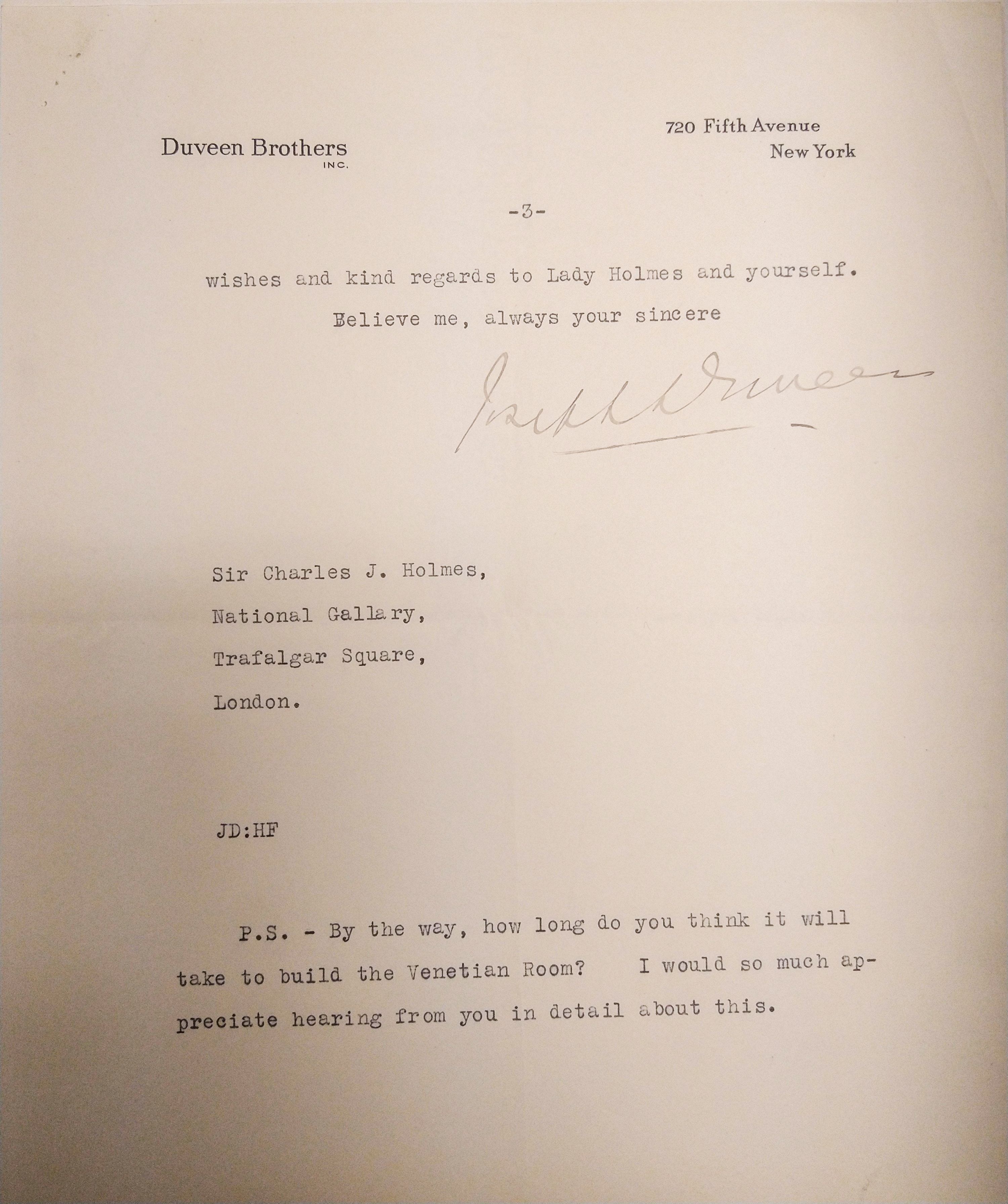 A letter written by Joseph Duveen to Sir Charles Holmes, the Gallery's Director at the time.