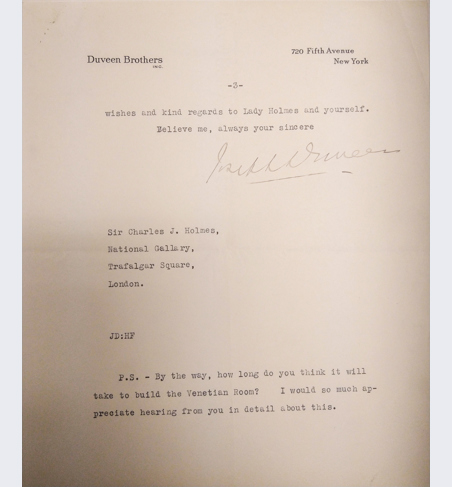 A letter written by Joseph Duveen to Sir Charles Holmes, the Gallery's Director at the time.