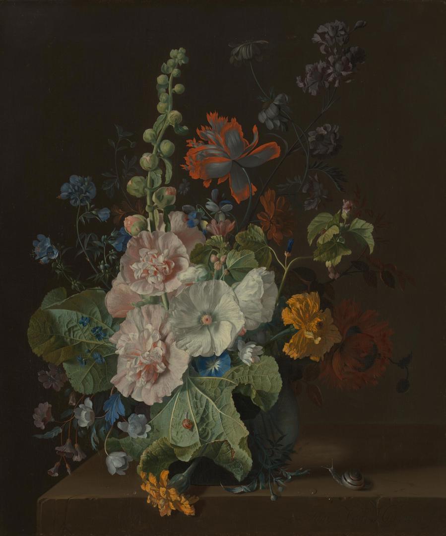 Hollyhocks and Other Flowers in a Vase by Jan van Huysum