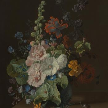 Hollyhocks and Other Flowers in a Vase