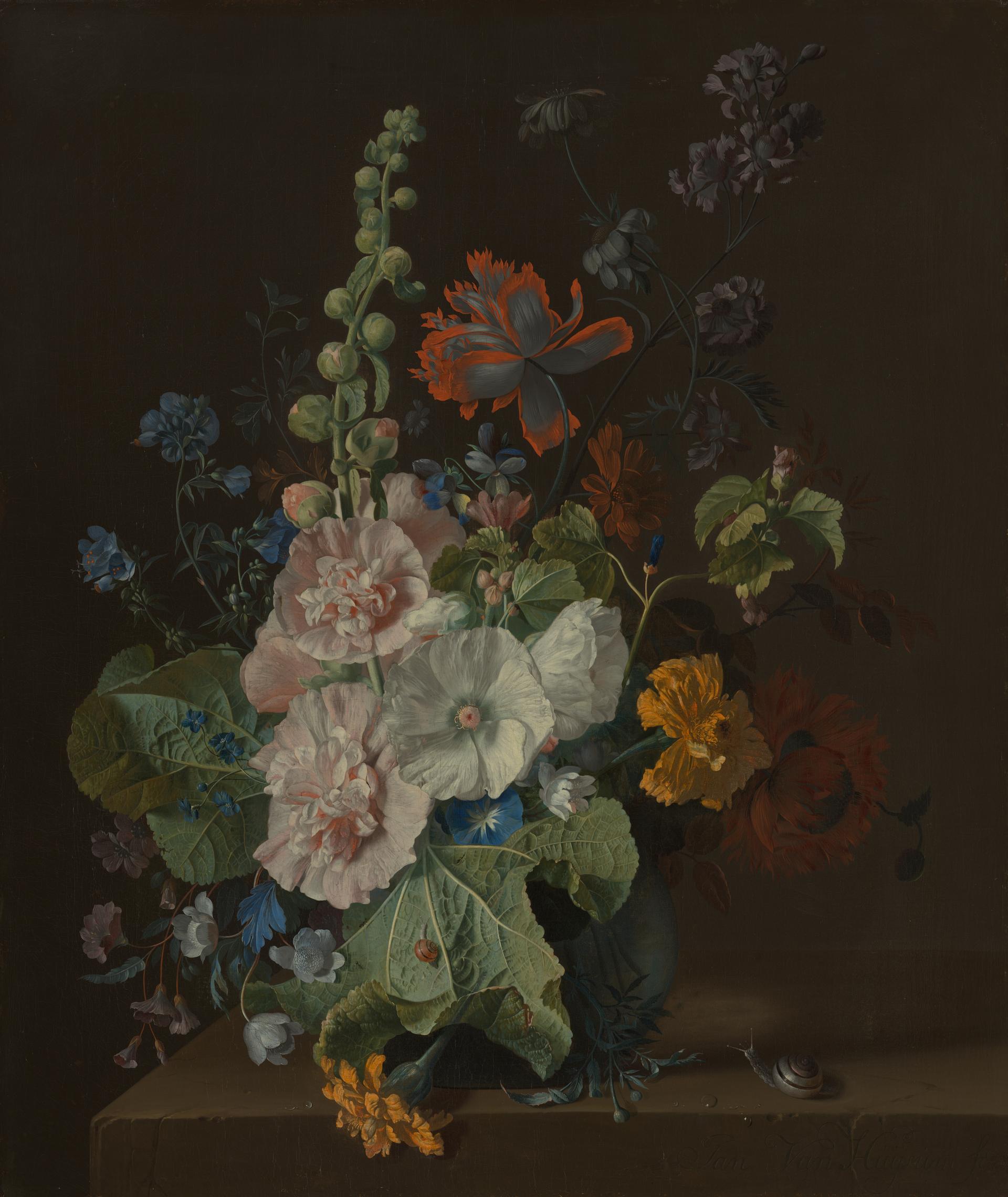 Hollyhocks and Other Flowers in a Vase