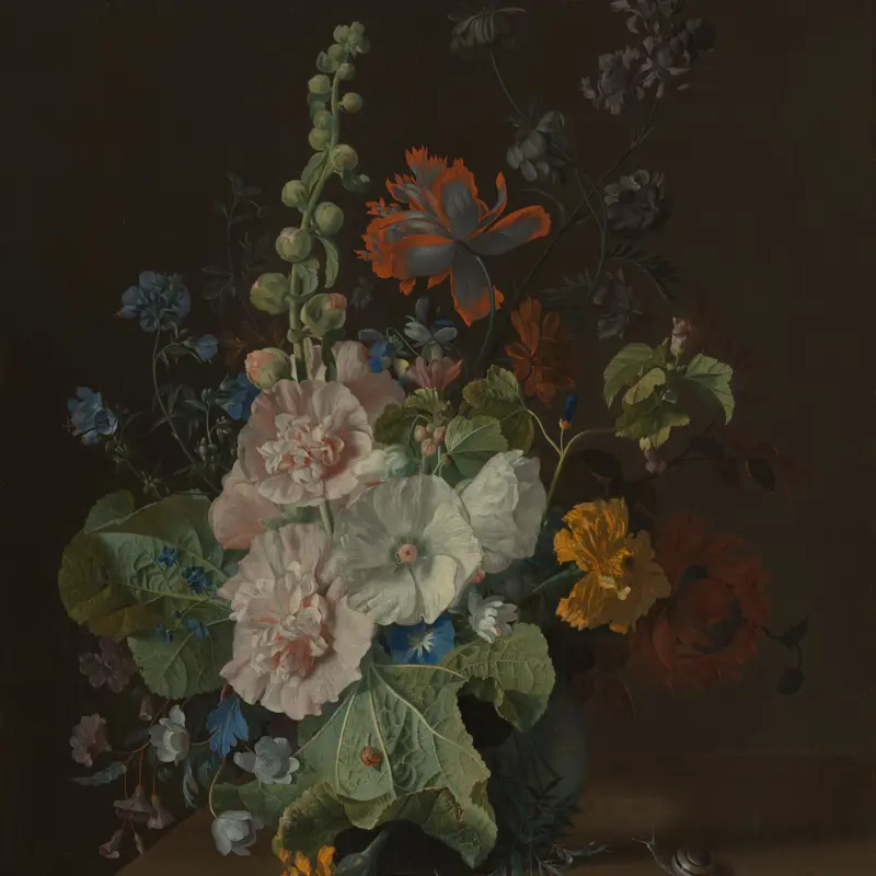 Hollyhocks and Other Flowers in a Vase