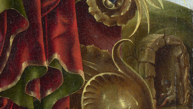 Detail of Cosimo Tura, 'A Muse (Calliope?)' (detail), probably 1455–60. A dolphin-like creature adorned with spikes and rubies for eyes.