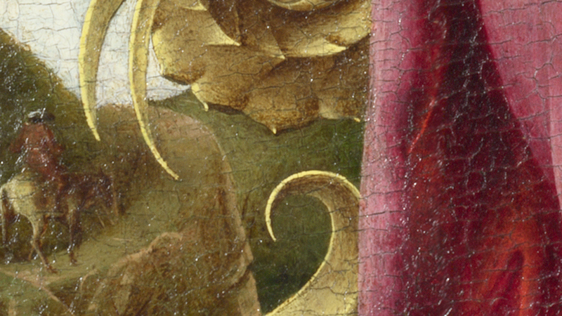 Detail of Cosimo Tura, 'A Muse (Calliope?)' (detail), probably 1455–60. Man riding into the distance.