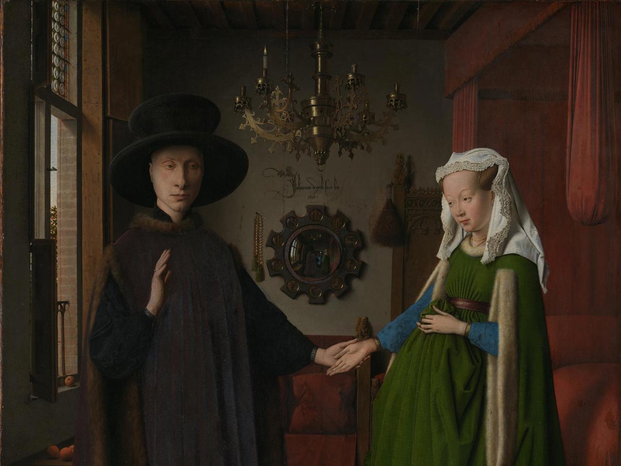 painting with pregnant woman in green dress Jan van Eyck, The Arnolfini Portrait (article)