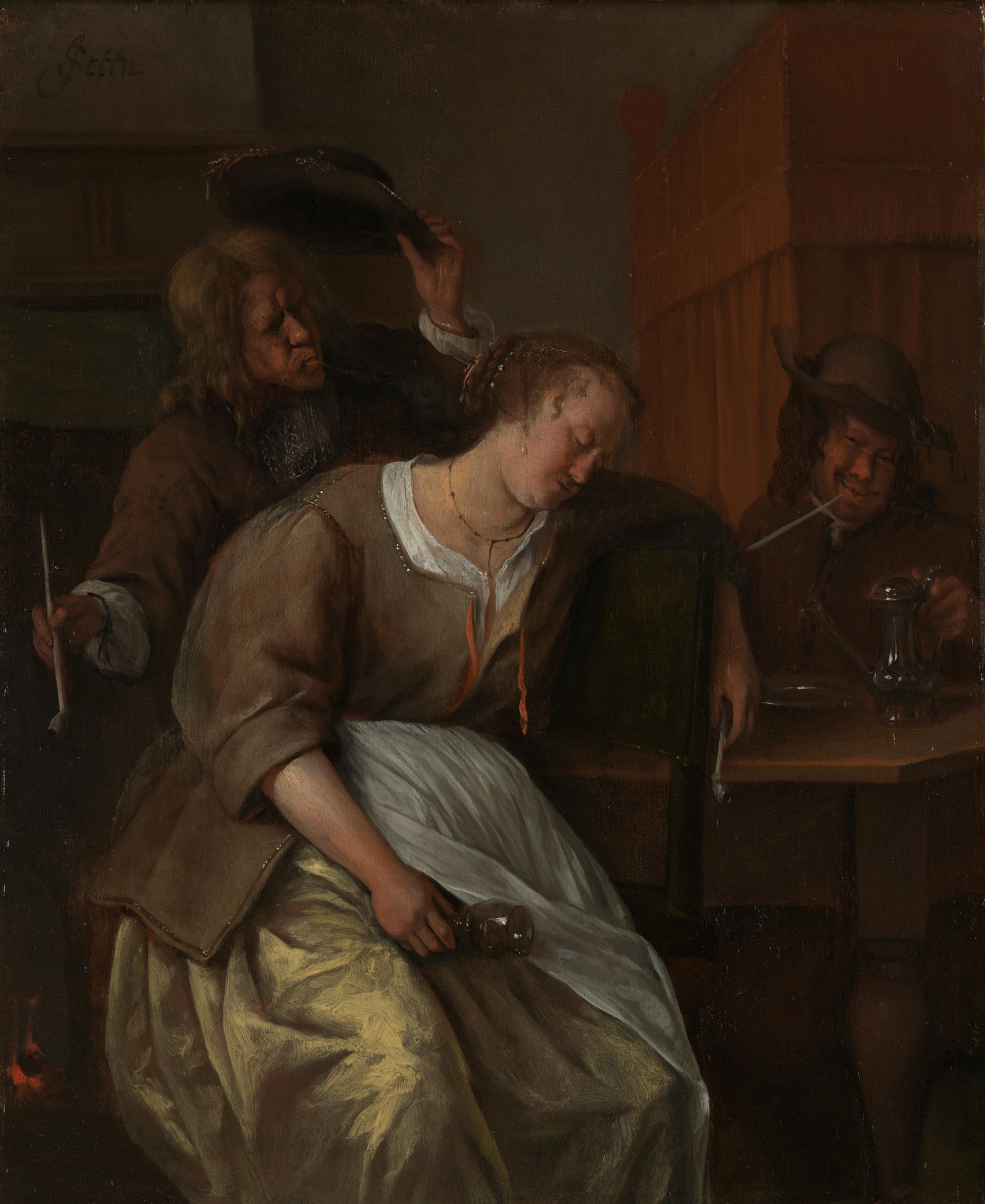 A Man blowing Smoke at a Drunken Woman