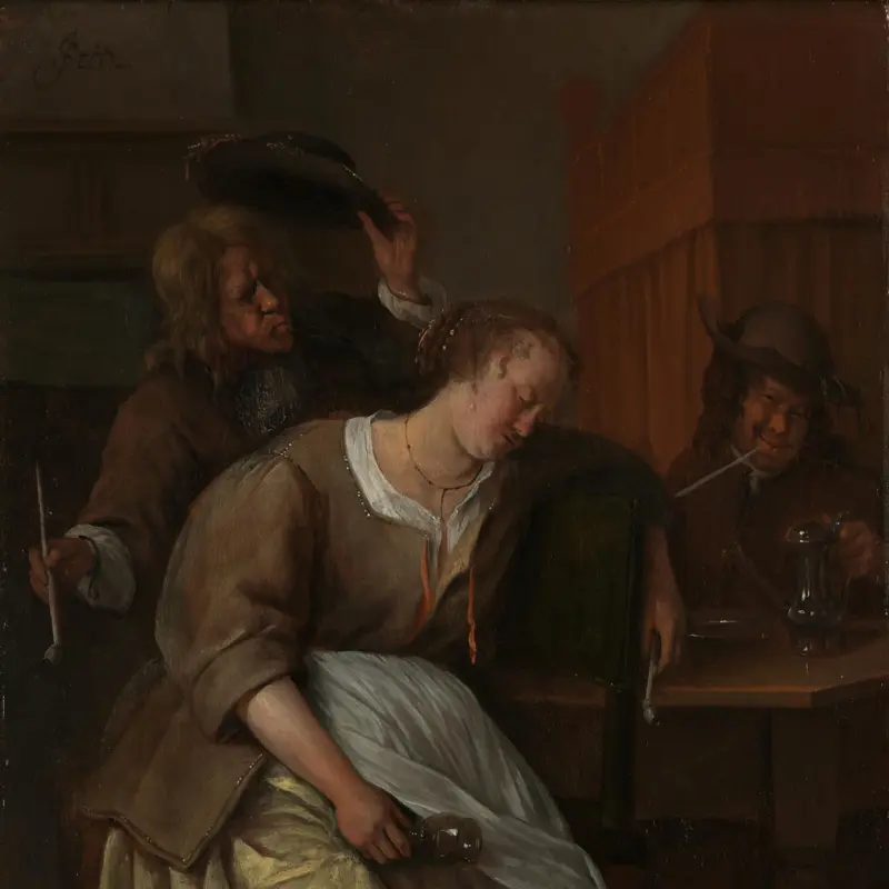 A Man blowing Smoke at a Drunken Woman
