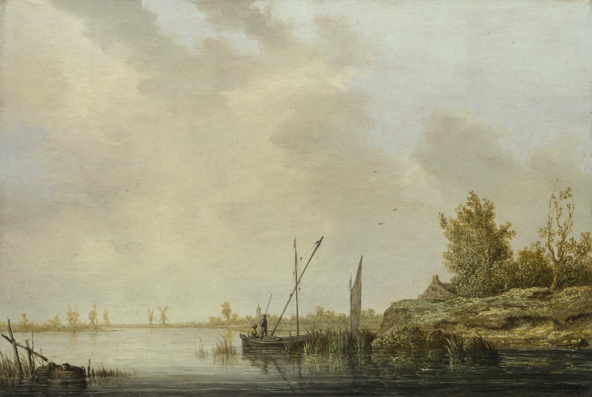 A River Scene with Distant Windmills