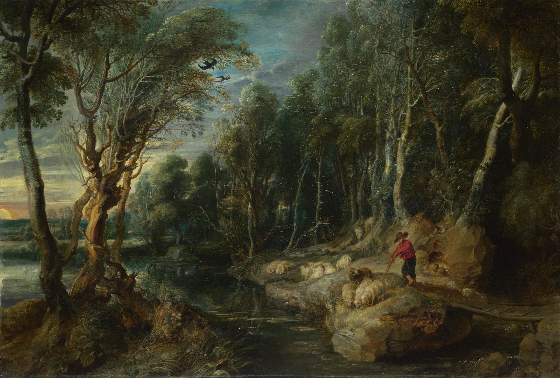 A Shepherd with his Flock in a Woody Landscape