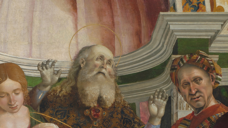 Detail of Luca Signorelli, 'The Circumcision', about 1490-1. An old man raising his hands.