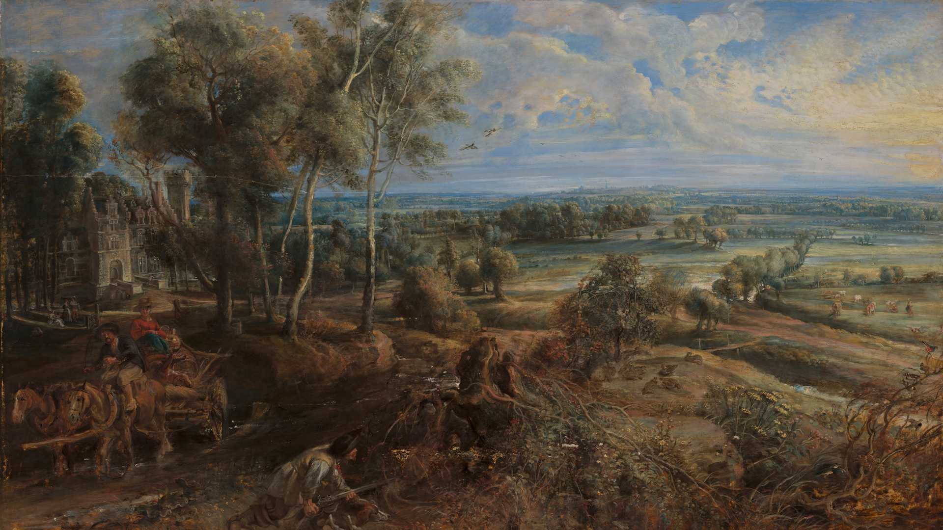 Detail from Peter Paul Rubens, 'An Autumn Landscape with a View of Het Steen in the Early Morning', probably 1636: Photograph taken after the varnish had been removed