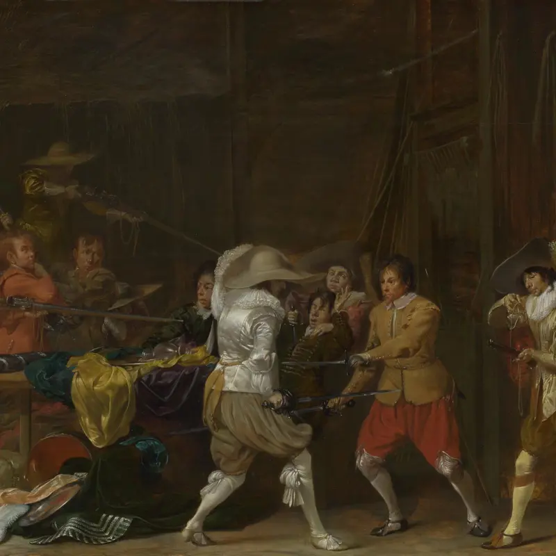 Soldiers fighting over Booty in a Barn