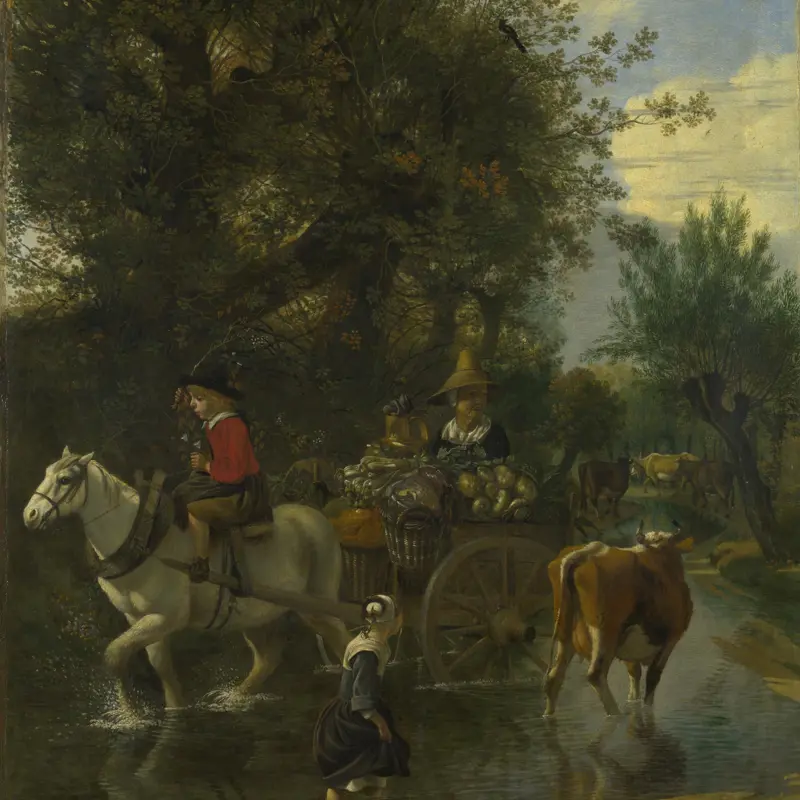 A Cowherd passing a Horse and Cart in a Stream