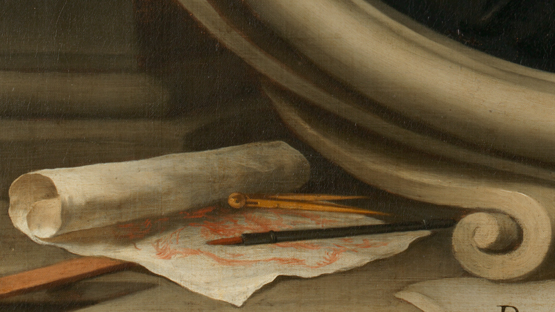 Detail of Bartolomé Esteban Murillo, 'Self Portrait', about 1670. Scroll with paint brush.