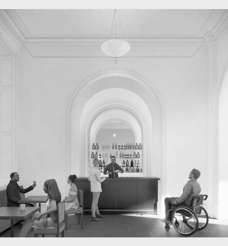 Black and white image of people sitting at tables with a bar in the background