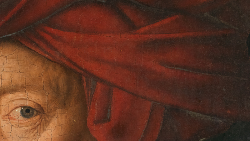 Detail of Jan van Eyck, 'Portrait of a Man (Self Portrait?)', 1433. Man's eye and a red hat.
