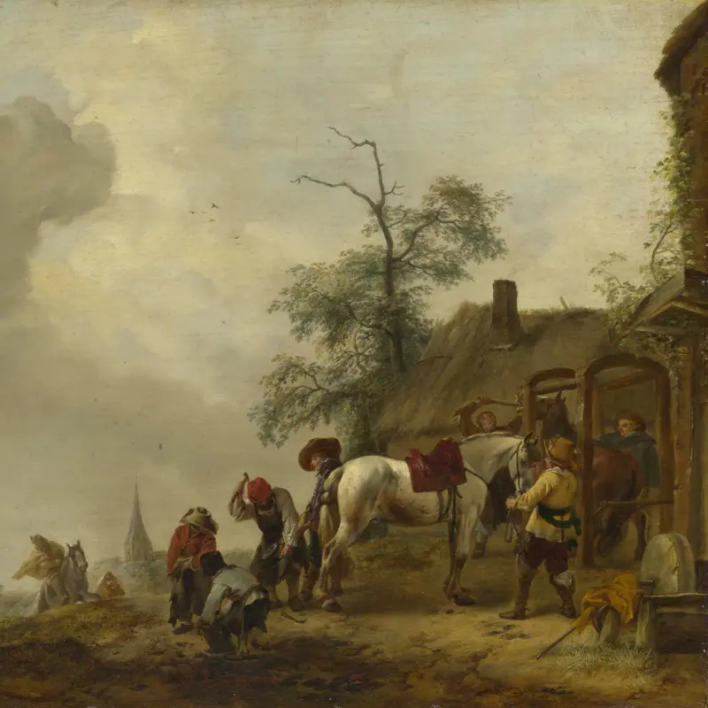 A Horse being Shod outside a Village Smithy