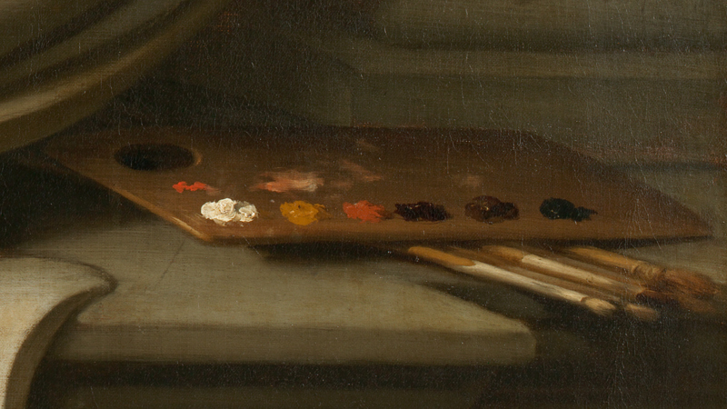 Detail of Bartolomé Esteban Murillo, 'Self Portrait', about 1670. Paint palette and brushes.