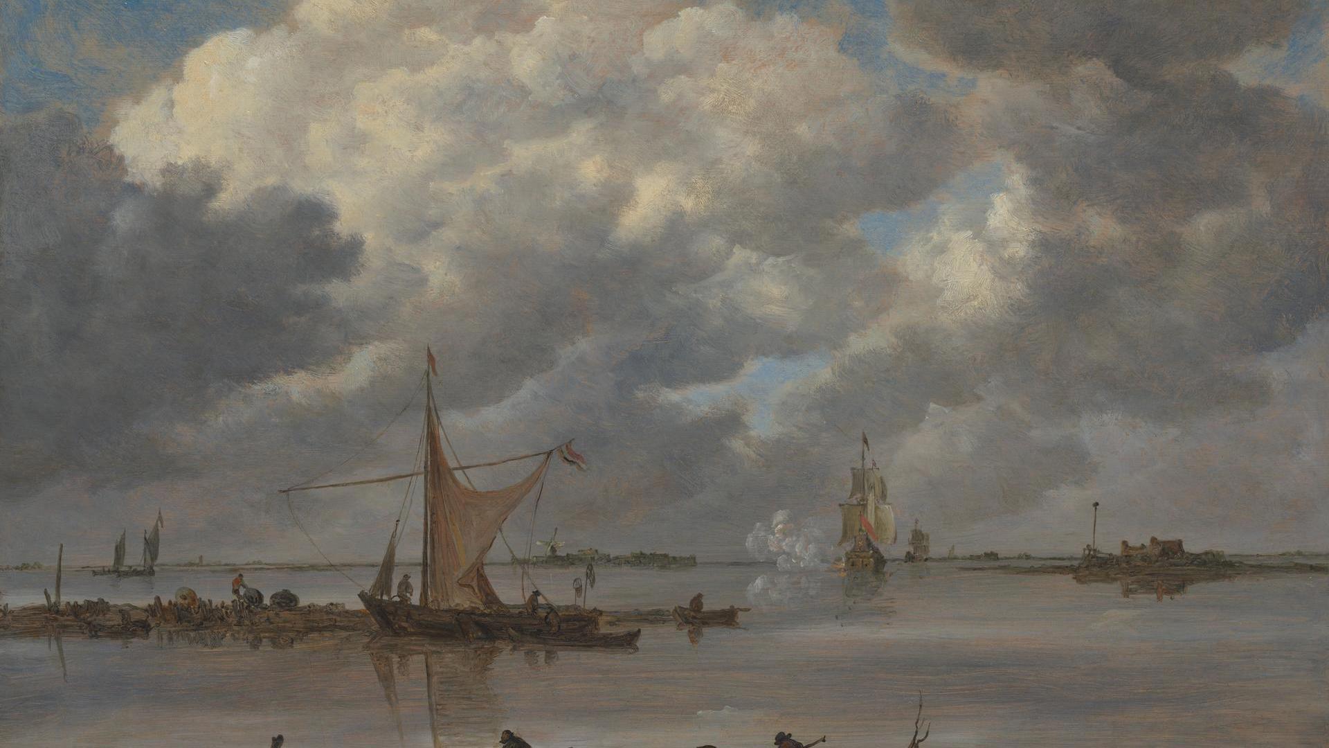 An Estuary with Fishing Boats and Two Frigates by Jan van Goyen