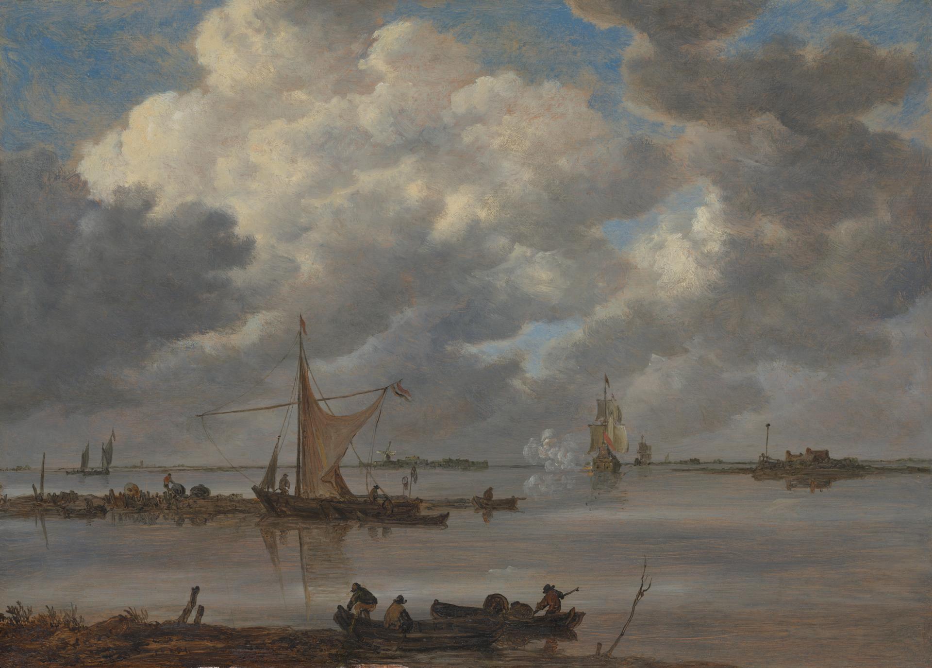 An Estuary with Fishing Boats and Two Frigates