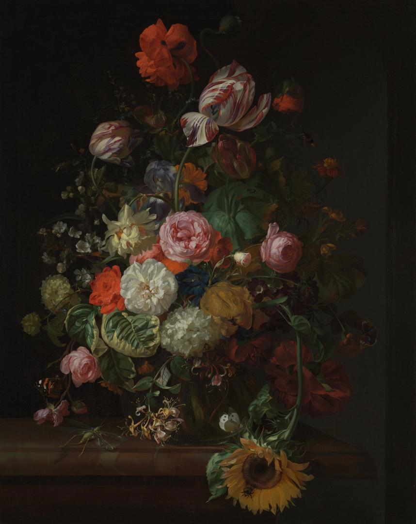 Still Life of Flowers in a Glass Vase on a Marble Ledge by Rachel Ruysch