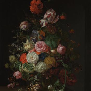 Still Life of Flowers in a Glass Vase on a Marble Ledge