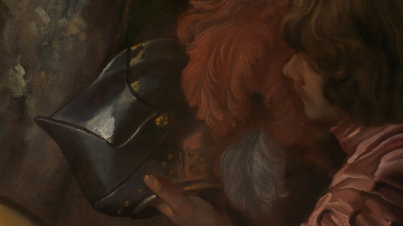 Detail of Anthony van Dyck, 'Equestrian Portrait of Charles I', about 1637-8. Helmet with a red feather.