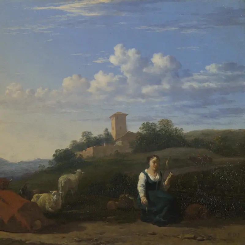 A Woman with Cattle and Sheep in an Italian Landscape