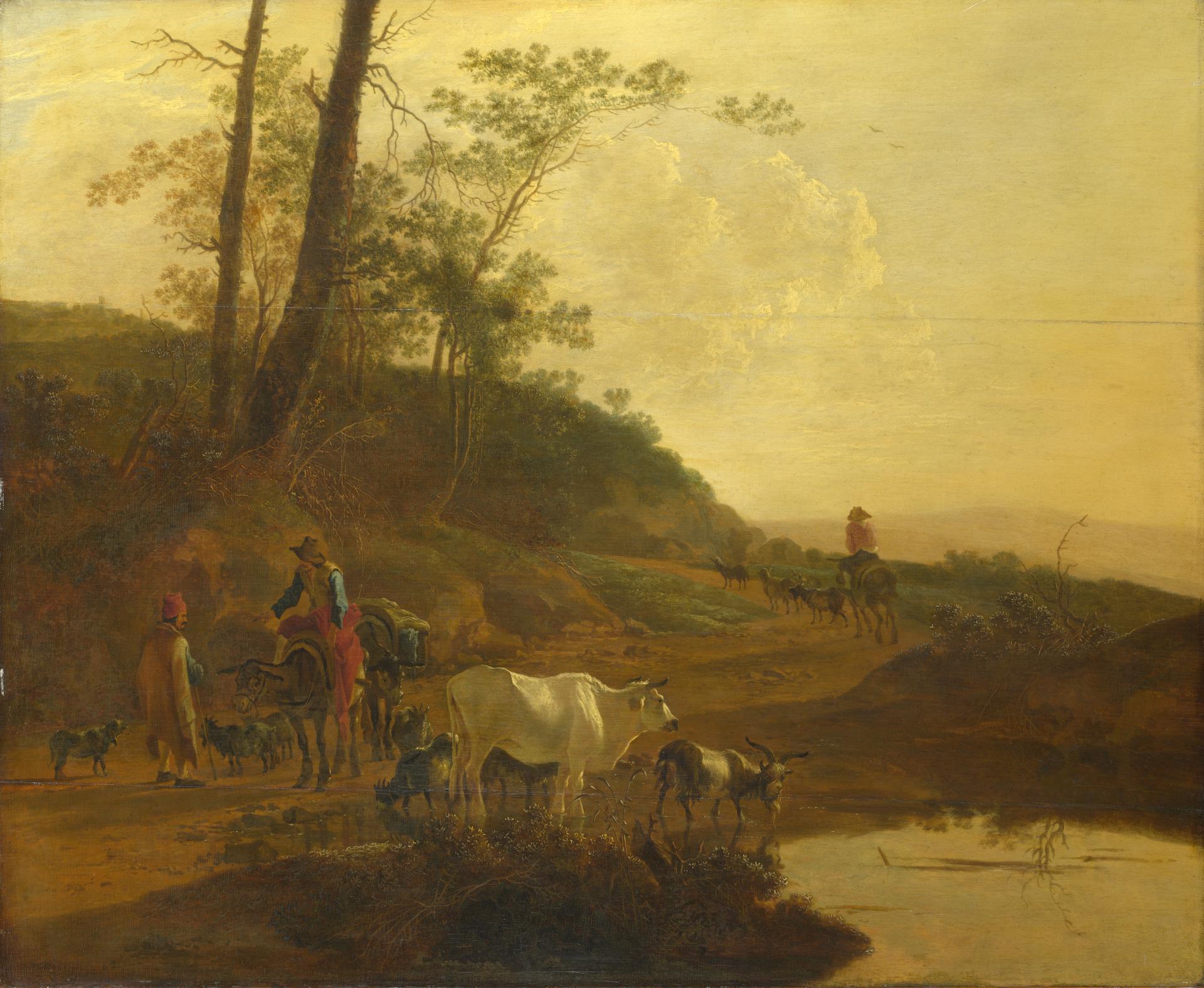 Men with an Ox and Cattle by a Pool